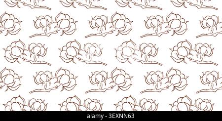 Seamless cotton plant pattern with botanical flowers on branch in line art style. Organic natural fabric sketch. Textile, wallpaper background Stock Vector