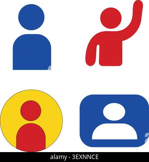 Set of four colorful user profile icons in blue red yellow representing people team group community audience members social network business Stock Vector