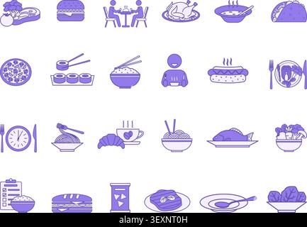 Colored Meal Icon Set. Vector Art Burger, Soup, Rice, Pasta, Salad, Lunch, Pizza, Chicken, Fish, Sushi, Steak, Noodles, Eat, Taco, Hot Dog, Sandwich, Stock Vector