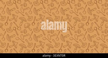 Seamless mushroom pattern in line art style. Cooking and food concept illustration for wrapping paper, textile, fabric, background. Stock Vector