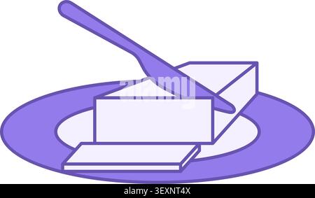 Colored Butter Icon. Vector Illustration. Kitchen Knife Cuts Piece Of Butter On Plate. Food, Dairy Product. Grocery Concept Stock Vector