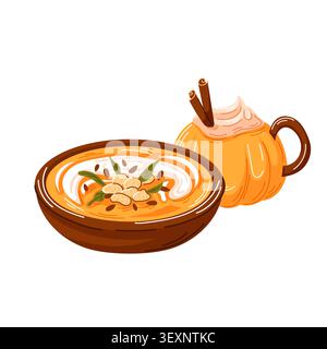 Delicious pumpkin soup on a wooden bowl with cream, seeds and herbs, festive pumpkin mug in cartoon style. Autumn food vector illustration. Stock Vector