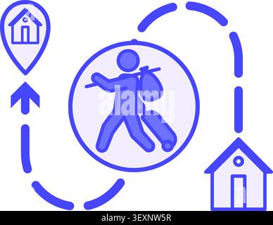 Colored Resettlement Icon. Vector Illustration. Refugee with a Suitcase Leaving Home for Another Place of Residence. Emigration, Immigration. World Re Stock Vector
