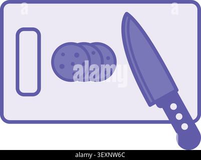 Colored Cutting Board Icon. Vector Illustration. Knife and Sliced ​​Sausage. Kitchen Utensil Used for Cutting Food. Cooking Concept Stock Vector
