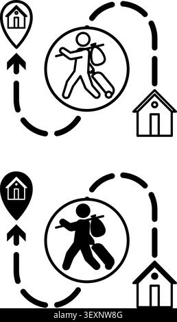 Resettlement Icons. Black and White Vector Illustrations. Refugee with a Suitcase Leaving Home for Another Place of Residence. Emigration, Immigration Stock Vector