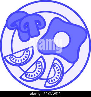Colored Food Icon. Vector Illustration. Mushrooms, Fried Egg, and Tomatoes on a Plate. Healthy Eating. Cooking Concept Stock Vector