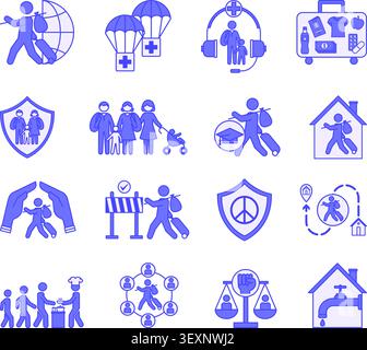 Colored World Refugees Icon Set. Vector Illustrations Asylum for Refugees, Humanitarian Aid, Refugee Rights, Medical Aid, Access to Education, Peace a Stock Vector