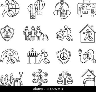 World Refugees Icon Set. Vector Illustrations Asylum for Refugees, Humanitarian Aid, Refugee Rights, Medical Aid, Access to Education, Peace Stock Vector