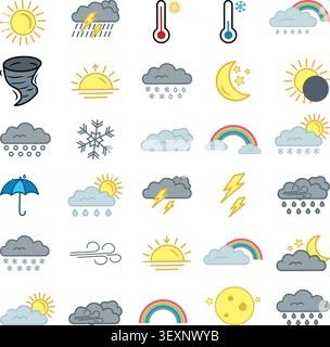 Set of 30 Colored Weather Icons. Collection of Meteorological Symbols. Vector illustration Stock Vector