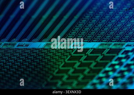 Wafer surface showing electronic circuit patterns on a semiconductor substrate Stock Photo
