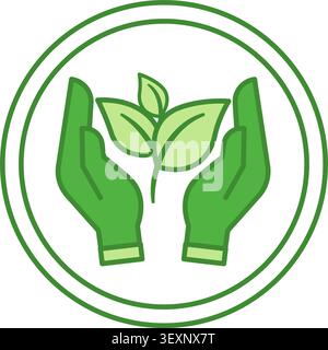 Green Eco Friendly Icon. Vector Icon of Young Plant with Human Hands. Organic Natural Food Label Stock Vector