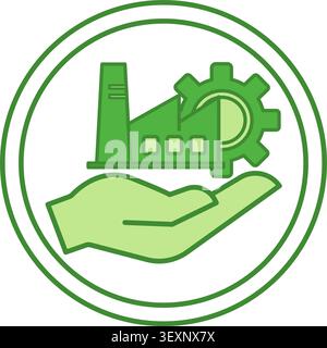 Green Responsible Manufacturing Icon. Vector Icon of Industrial Factory and Gear on Human Hand. Environment Protection Concept Stock Vector