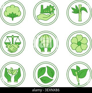 Green Icon Set for Organic Product Packaging. Vector Icons of Organic Cotton, Organic Linen, Organic Bamboo, Fair Trade, Sustainable Development Stock Vector