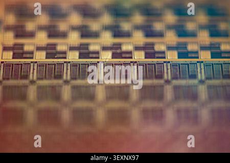 Macro view of a silicon semiconductor wafer with intricate microchip patterns Stock Photo