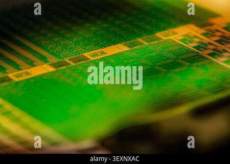 Electronic wafer showing abstract patterns of integrated circuits and microchips Stock Photo