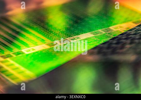 Silicon wafer showcasing intricate microchip circuitry and technology Stock Photo