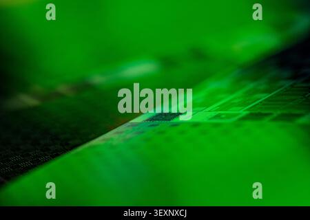 Wafer surface displaying microchip patterns and semiconductor technology Stock Photo