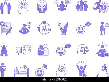 Colored Set of Positive Thinking Icons. Vector Icons of Healthy Lifestyle, Patience, Gratitude, Calm, Bravery, Positive Attitude, Optimism, Volunteer Stock Vector