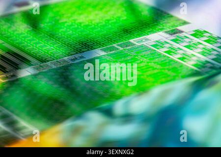 Green silicon wafer displaying intricate electronic circuitry and microchip components Stock Photo