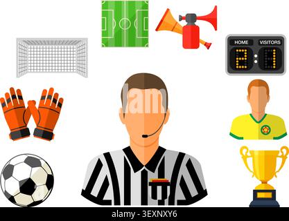 Soccer and Football concept with flat icons Referee, Ball, stadium and Trophy, isolated vector illustration Stock Vector