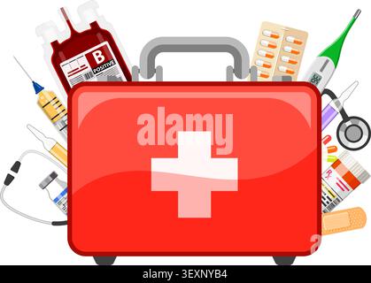 Doctor holds in hand first aid kit with medical drugs. flat style icons. isolated vector illustration Stock Vector