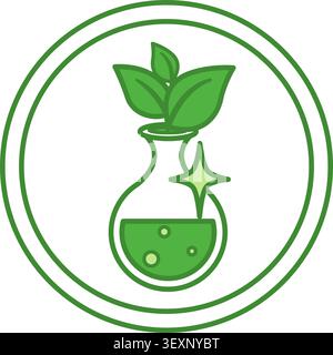 Non toxic Green Icon. Vector Icon. Chemical Flask with Leaves. No Chemical Elements. Tag, Label for Natural and Organic Cosmetics Stock Vector