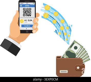 Crypto currency technology concept. Hand holds mobile phone with cryptocurrency bitcoin for trading, buying, selling, mining bitcoins and transfer to Stock Vector
