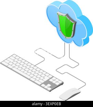 Cloud Computing Technology Isometric Concept with Computer Keyboard, Mouse and Shield Icons. Security cloud storage server. isolated vector illustrati Stock Vector