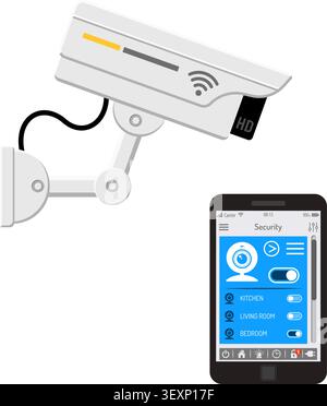 Smart House and internet of things concept. smartphone controls smart home like security camera flat icons. vector illustration Stock Vector