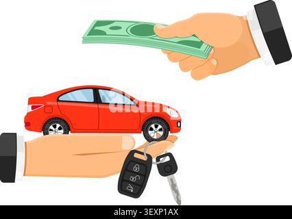 Buy, purchase or rental car concept with flat icons. hand holding car keys, other hand gives money. isolated vector illustration Stock Vector