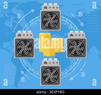 Mining crypto currency bitcoin technology concept. Asic miner computer process transactions, make blokchain and mining bitcoins. Flat style icons. Vec Stock Vector