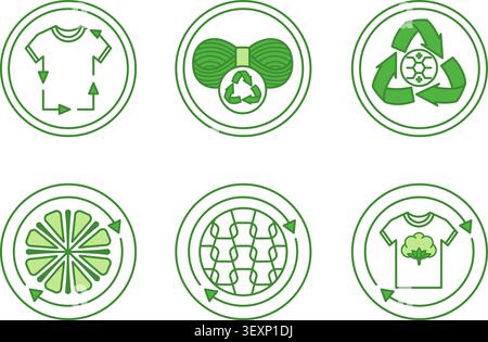 Green Icons of Recycled Textile Fibers. Vector Labels, Tags for Packaging. Recycled Textiles, Wool, Polyester, Microfiber, Nylon and Cotton. Fabric Stock Vector