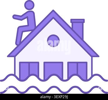 Flooding Color Icon. Vector Icon. Man Escaping from Flood on the Roof of His House. Environmental Issue. Climate Change Concept Stock Vector