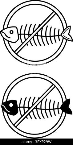 Extinction of Species Icons. Black and White Fish Skeleton Vector Icons. Ecological Problem. Climate Change Concept Stock Vector