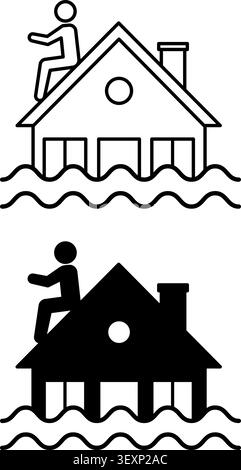 Flooding Icons. Black and White Vector Icons. Man Saves Himself From Flood On Roof Of His House. Environmental Problem. Climate Change Concept Stock Vector