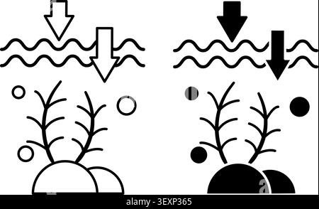 Ocean Acidification Icons. Black and White Vector Icons. Carbon Dioxide from Earth's Atmosphere Entering the Ocean. Environmental Problem. Climate Cha Stock Vector