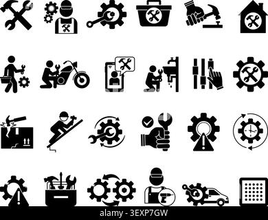 Glyph Repair Icon Set. Vector Icons Maintenance, Service, Troubleshooting, Repairman, Home Repair, Wrench, Hammer, Car Repair, Handyman, Toolbox, and Stock Vector