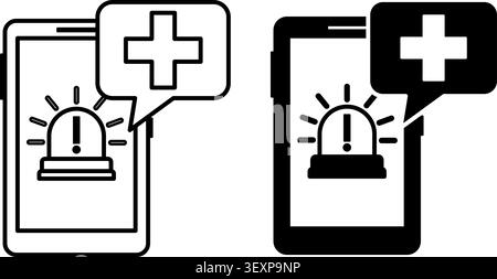 Emergency Icons. Line and Glyph Vector Icons. Mobile Phone, Siren, and Medical Cross. Call 911. Dangerous Situation in a Specific Area Stock Vector