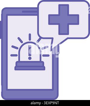 Purple Emergency Icon. Vector Icon. Mobile Phone, Siren, and Medical Cross. Call 911. Dangerous Situation in a Specific Area Stock Vector