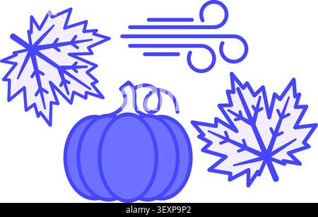 Purple Fall Icon. Vector Icon. Pumpkin, Strong Wind, and Flying Maple Leaves. Season. Weather Concept Stock Vector
