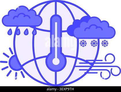 Purple Climate Icon. Vector Icon. Globe, Clouds, Rain, Snow, Sun, and Wind. Consistent Weather Patterns in a Specific Location That Repeat. Weather Co Stock Vector