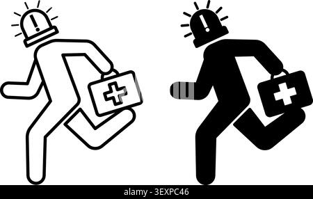 Urgent Icons. Line and Glyph Vector Icons. A Rescuer Rushed to Provide First Aid to People. Siren and Medical Suitcase. Emergency Concept Stock Vector