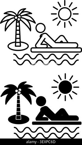 Summer Icons. Line and Glyph Vector Icons. Man Sunbathing on a Deck Chair by the Sea. Sun and Palm Tree. Season. Weather Concept Stock Vector