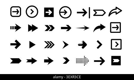 Mega set of 28 black arrow icons: minimalist flat vector collection with diverse shapes, curves, and styles for UI/UX navigation and infographics. Stock Vector