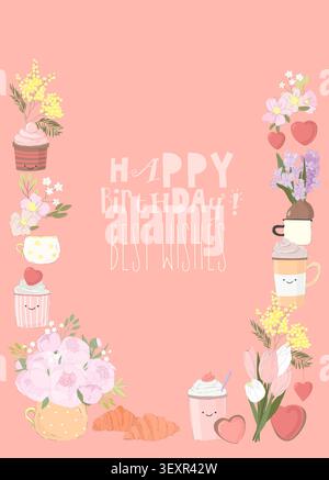 Birthday Floral Frame Composed of Cups of Coffee, Flowers and Hearts Stock Vector