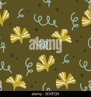 Seamless Abstract Floral Pattern with Hand Drawn Leaves and Decorative Elements on Dark Olive Background. Vector illustration Stock Vector