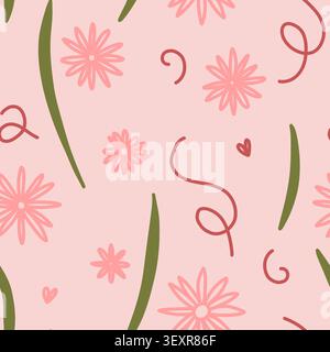 Seamless Floral Pattern with Hand Drawn Flowers and Leaves on Soft Pink Background, Romantic Design. Vector illustration Stock Vector