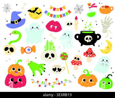 Cute Halloween vector illustration clip art set. Cartoon ghosts, pumpkins, skulls, witch hat, and spooky elements isolated on white background. Hand d Stock Vector