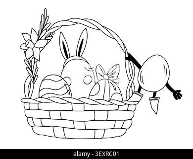 Festive Easter basket with colorful eggs daffodils and ribbons Egg in Boots character. Vector illustration Stock Vector