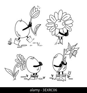A set of eggs in flower boots, the egg is dressed as a flower, carries a tulip and a daffodil as a gift, and smells a chamomile. Vector illustration Stock Vector